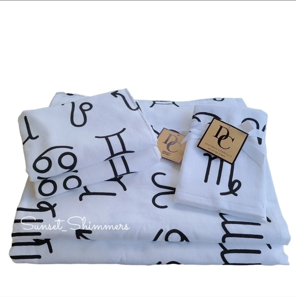 6PC Deborah Connolly Astrology Zodiac Sign Black & White Bath Hand Tip Towel Set